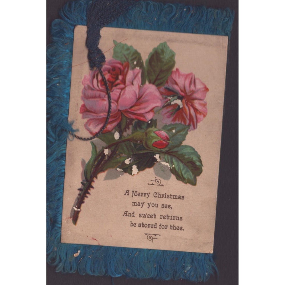 Victorian Fringed Christmas Cards Antique Floral Lithograph Lot of 2 Red Blue - Picture 4 of 4